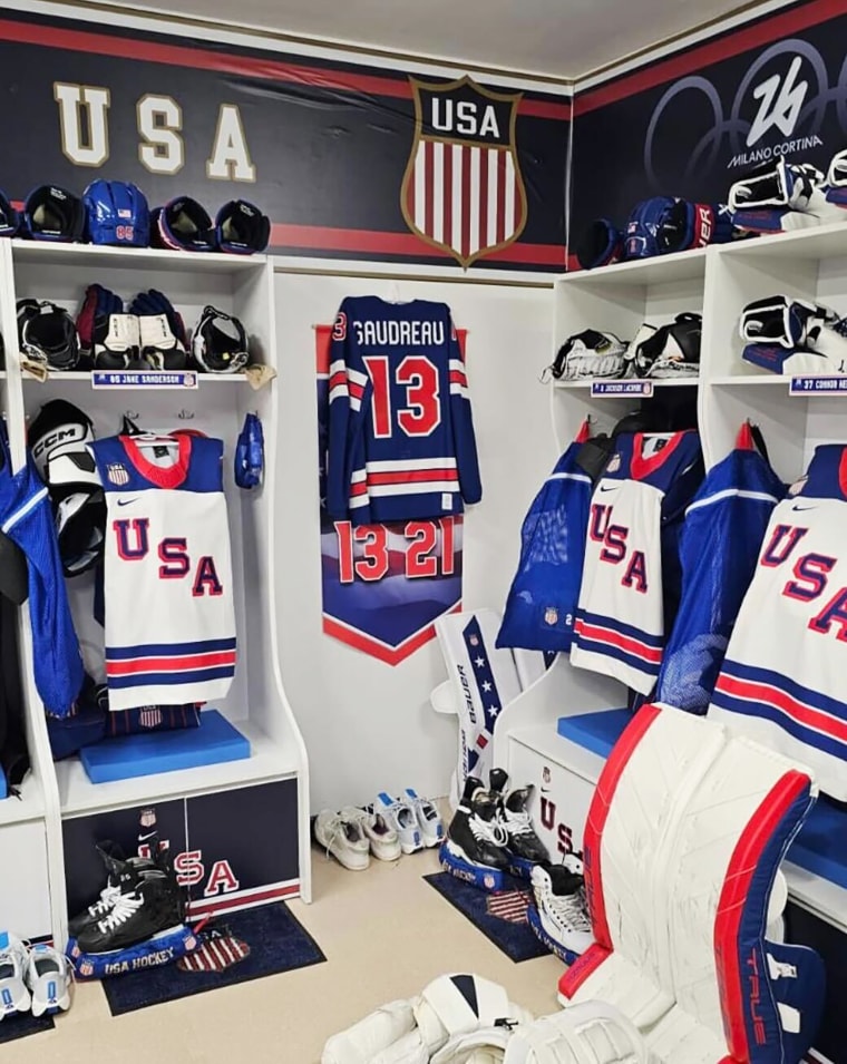 Gaudreau's jersey hangs in the U.S. men's national team locker room at the Milan Olympics. 