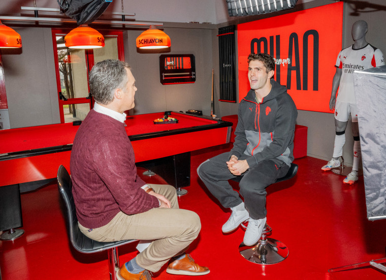 NBC News' Peter Alexander speaking with Christian Pulisic at the Milanello Sports Center, where AC Milan trains, on Feb. 8.