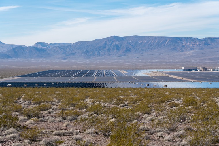 A complex of large solar farms in the Mojave Desert near Boulder City, Nevada