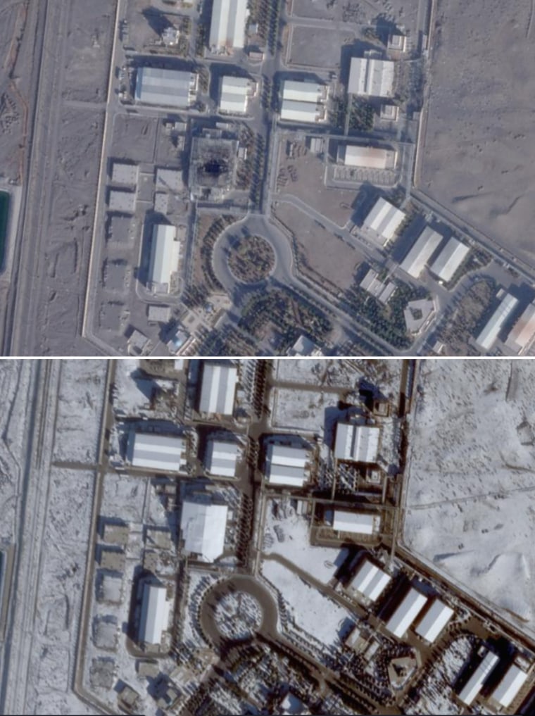 Satellite imagery shows Iran's Natanz Nuclear Complex with visible airstrike damage on Dec. 3, 2025, above, and with new construction on Dec. 31, 2025, below.