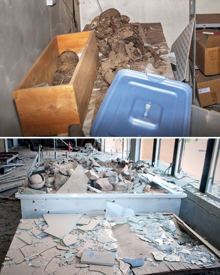 Mummy coffins lie destroyed on the ground, top, and broken antique vitrines, below, at the Sudan National Museum in April.