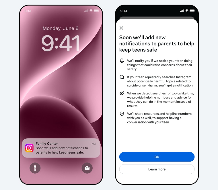 A graphic depicting two phones showing Instagram safety features