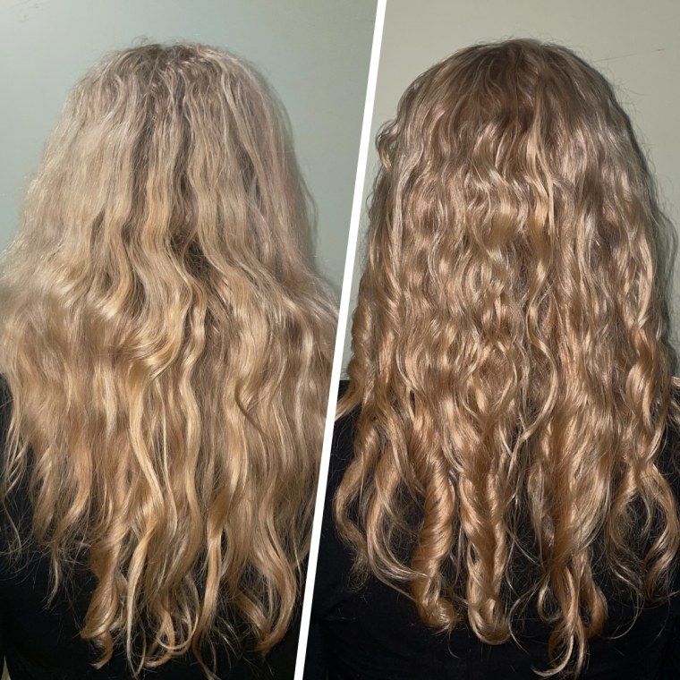 Producer Eden Strassburg before and after using the Brazil Edition Restorative Peptide Hair Mask.