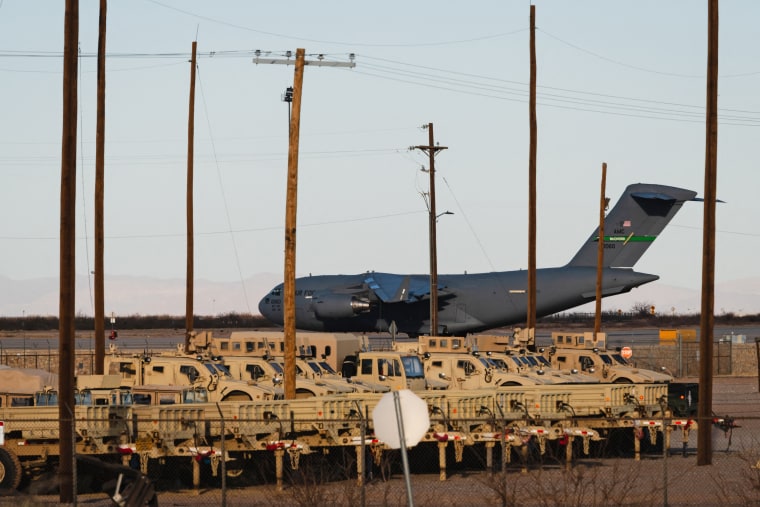 A United States Air Force Boeing C-17 used for deportation flights is pictured at Biggs Army Airfield in Fort Bliss, El Paso, Texas.
