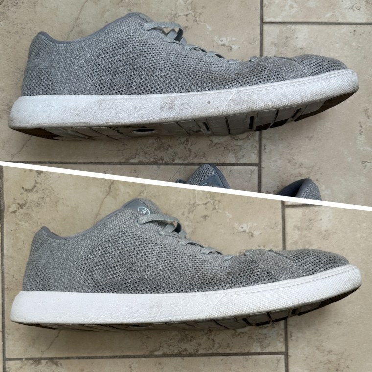 Shop TODAY editorial director Adrianna Brach's sneaker before and after using the SneakEraser.