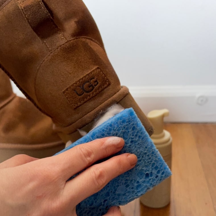 Using the Ugg Care Kit Cleaner and Conditioner on the platform outsole.