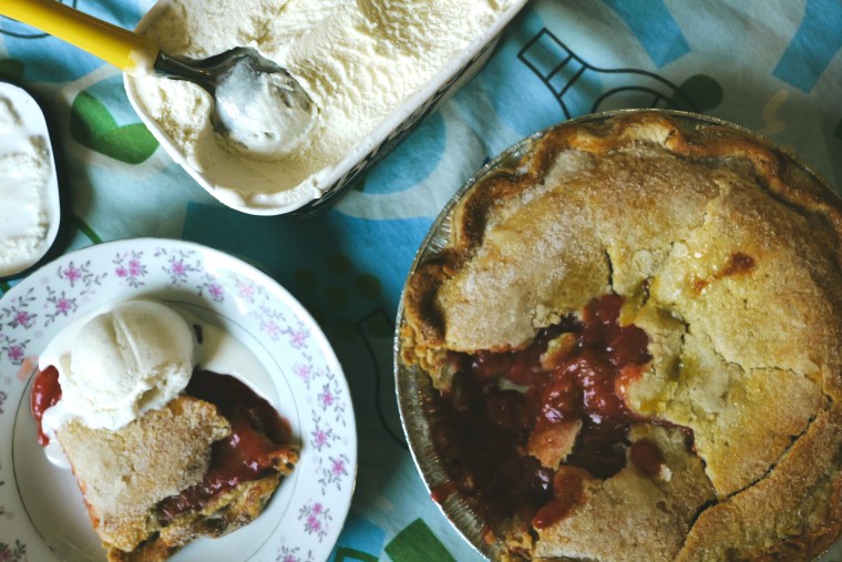 Strawberry rhubarb pie and a scoop of French vanilla ice cream are a match made in heaven.