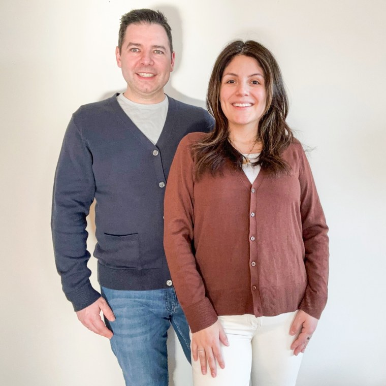 Shop TODAY editorial director Adrianna Brach and her husband model the Amazon Essentials cardigans.