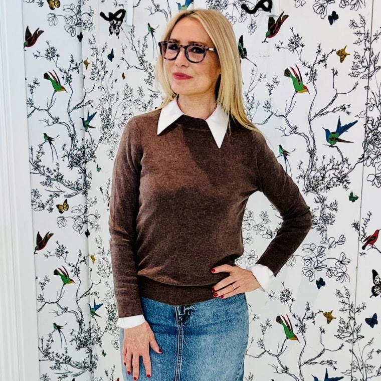 Shop TODAY contributor Chassie Post layers her Arach&Cloz Women's Long Sleeve Sweater with a collared shirt.