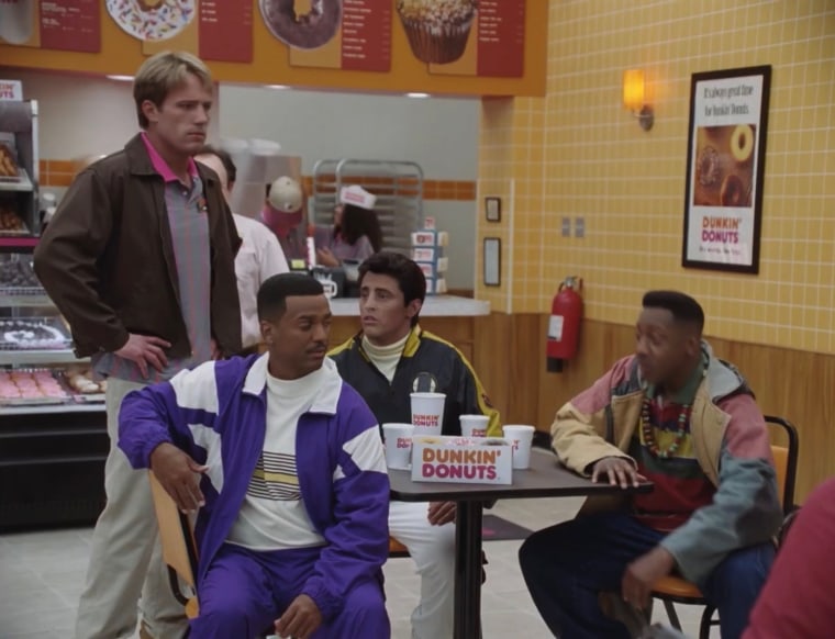 Ben Affleck, Alfonso Ribeiro, Jason Alexander, Matt LeBlanc and Jaleel White in Dunkin's Super Bowl ad.