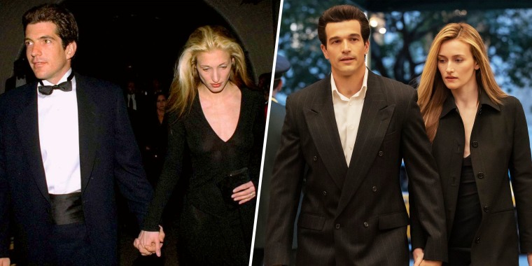 Split image of real person next to the actors playing them in the show: John F. Kennedy Jr & Carolyn Bessette / paul kelly anthony and sarah pidgeon