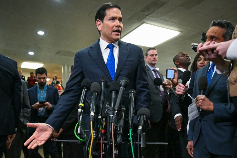 U.S. Secretary of State Marco Rubio speaks to reporters