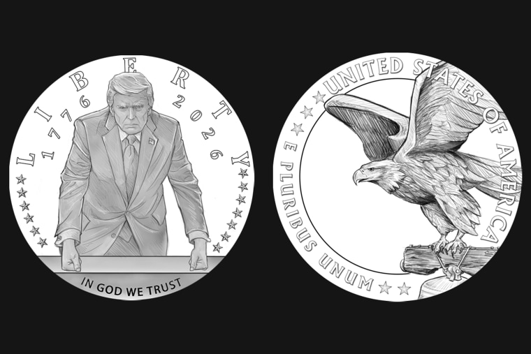 Designs for Semiquincentennial gold coins featuring President Trump.