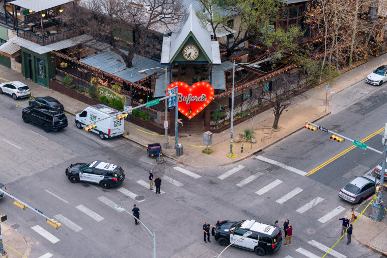 Members of a law enforcement patrol investigate after a mass shooting outside Buford's bar in downtown Austin, Texas, March 1, 2026.