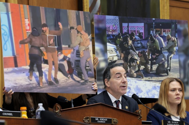 Rep. Jamie Raskin, D-Md., speaks in front of photos of Minnesota resident Alex Pretti