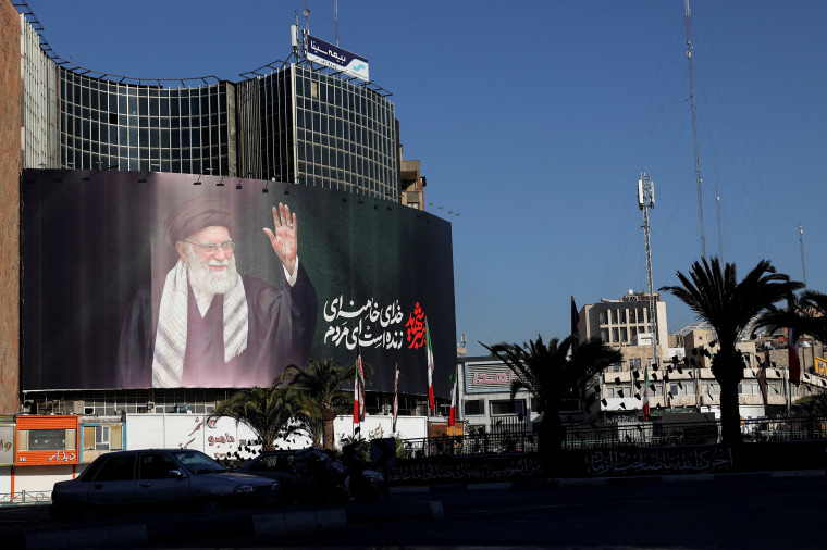 A billboard of Iran's late Supreme Leader Ayatollah Ali Khamenei on a street, in Tehran