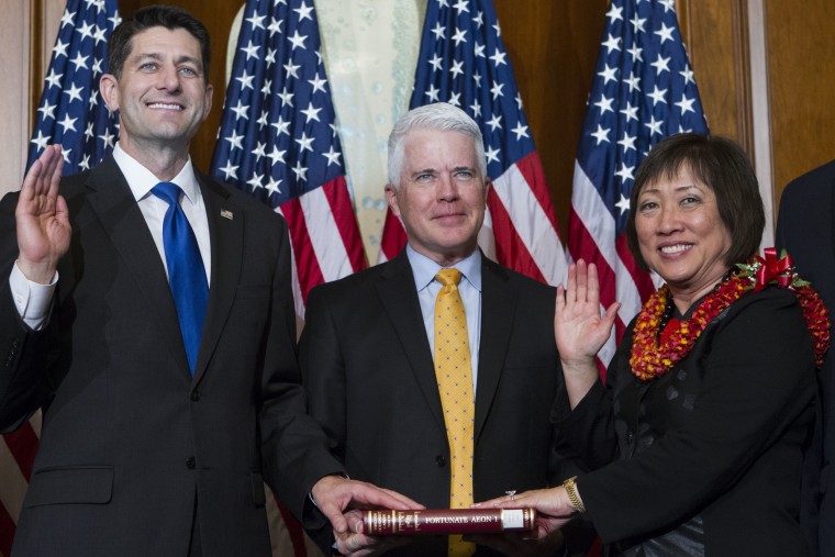 Then-House Speaker Paul Ryan, R-Wis., administers the House oath of office to Rep. Colleen Hanabusa, D-Hawaii, during a mock swearing in ceremony on Capitol Hill in 2017.
