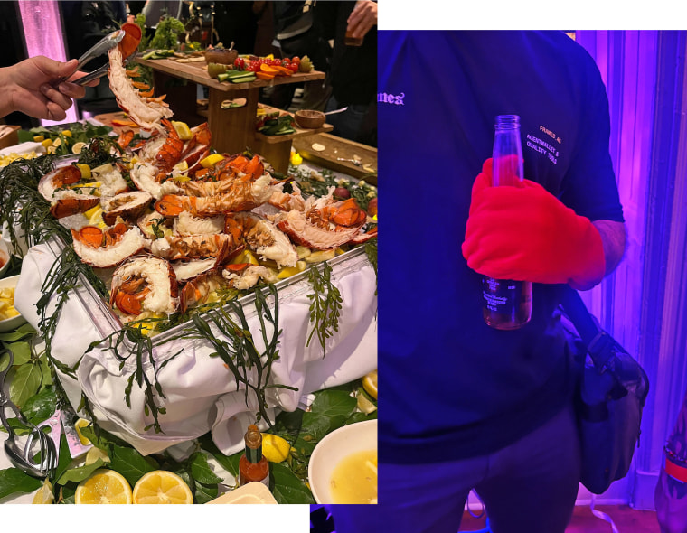 Attendees enjoy a lobster spread at Claw Con in New York; a man holds onto his beer with a "lobster" glove.