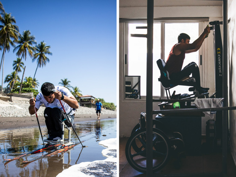A diptych image of a man pulling himself through the sand on a beach using ski poles and lifting weights indoors.