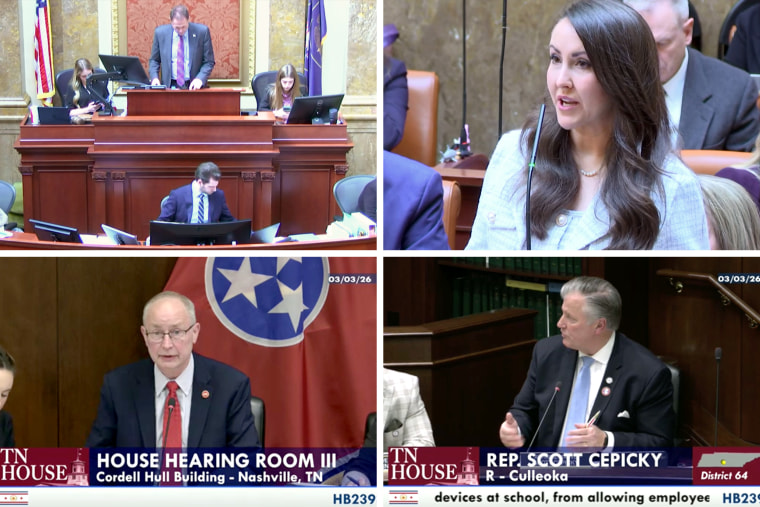 (Top two images) Rep. Ariel Defay introduces S.B.88 "School Technology Amendments" to the Utah State Legislature; (Bottom two images) Rep. Scott Cepicky introduces an amendment to HB2393 to Tennessee's Education Administration Subcommittee