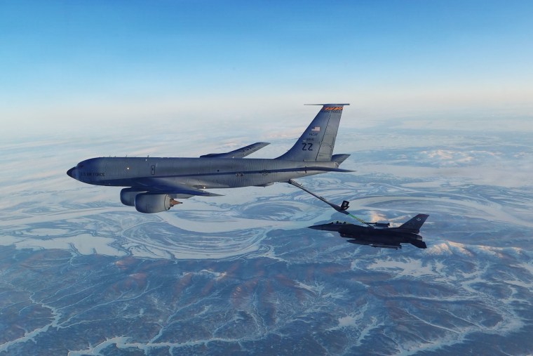 A fighter jet refuels from a KC-135 Stratotanker over Western Alaska on Feb. 19, 2026. 