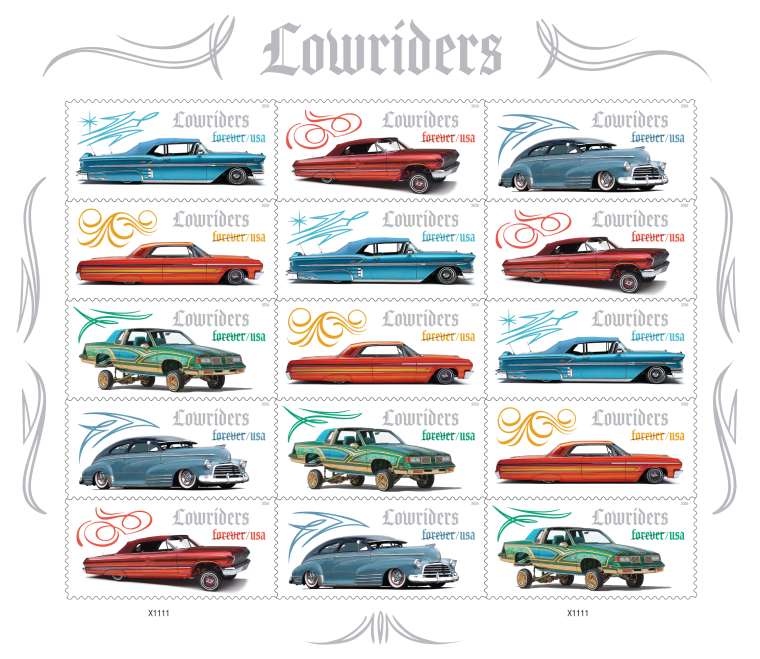 The Lowriders stamps showcase five classic models.