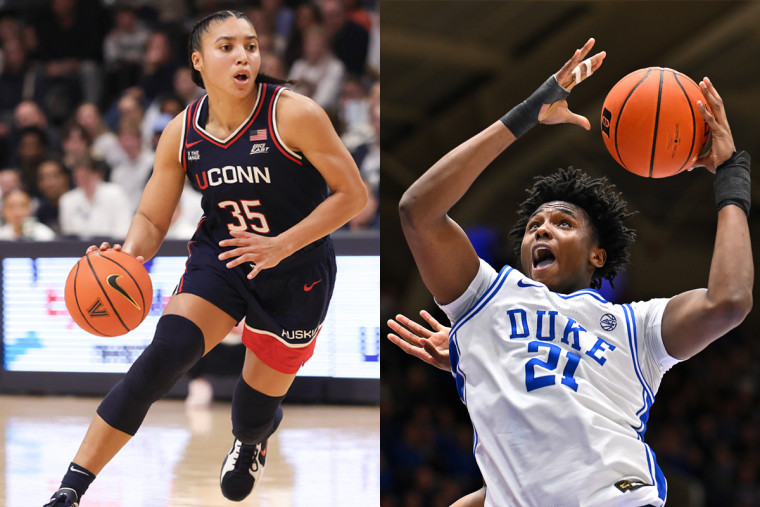 A diptych image of Azzi Fudd and Patrick Ngongba playing basketball.