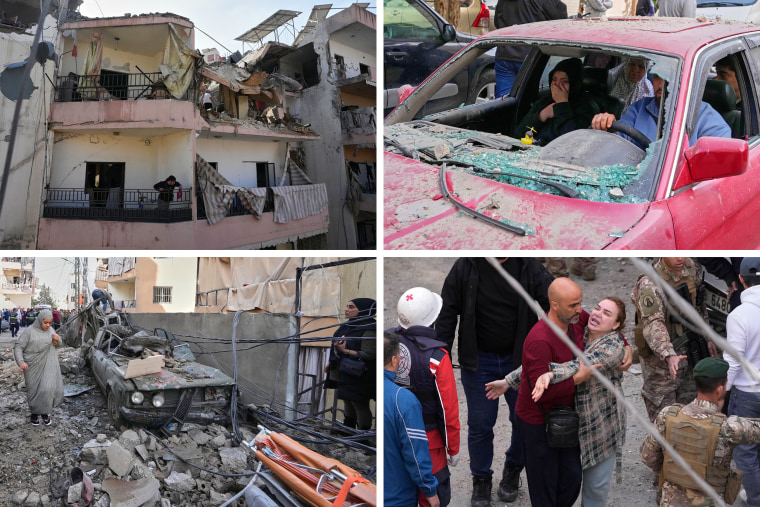 Civilians react to damage by an Israeli airstrike that hit an apartment in the south port city of Sidon, Lebanon, last Friday.