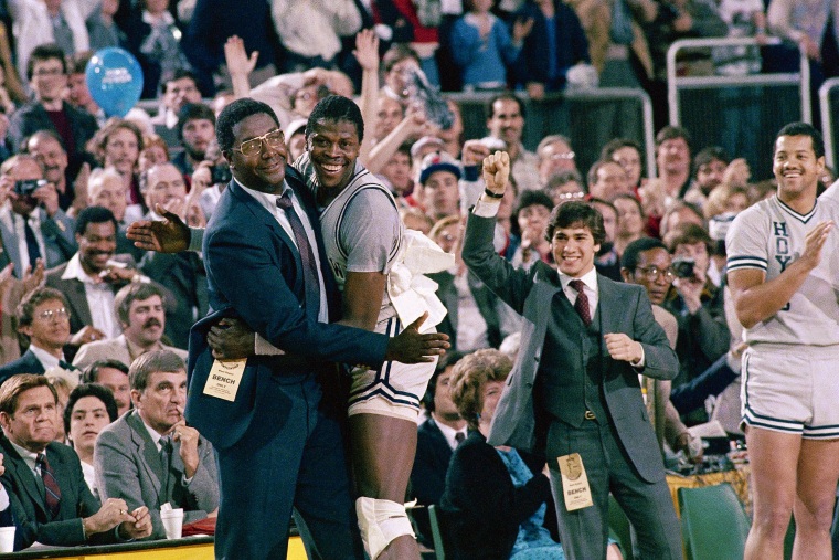 FILE - In this April 2, 1984, file photo, Georgetown head coach John Thompson, left, gives a happy pat to the most valuable player Patrick Ewing, after Georgetown defeated Houston 84-75 in Seattle. Some have likened coach Deion Sanders’ early Colorado tenure to that of the pioneering college basketball coach John Thompson, whose Georgetown Hoyas were an anomaly on a predominantly white campus but garnered the unwavering support of the hip hop and Black community.
(AP Photo/File)