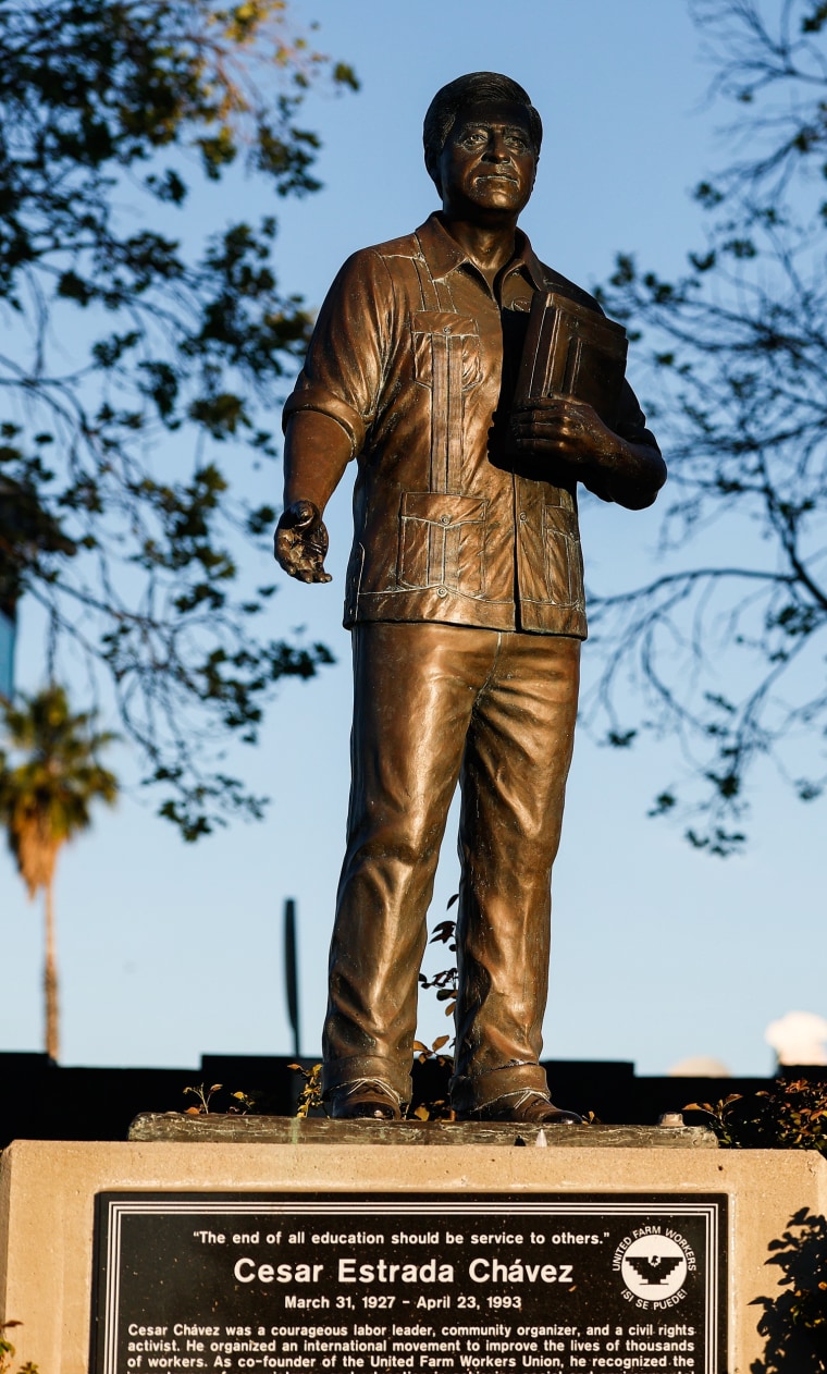 A statue of labor leader and civil rights activist Cesar Chavez in Cesar E. Chavez Memorial Park.