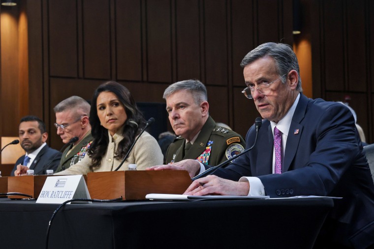 CIA Director John L. Ratcliffe testifies alongside, from left, FBI Director Kash Patel, Director of the Defense Intelligence Agency Lt. Gen. James Adam, Director of National Intelligence Tulsi Gabbard, and Army Lt. Gen. William Hartman during a Senate Intelligence Committee hearing on worldwide threats in the Hart Senate Office Building on March 18, 2026.