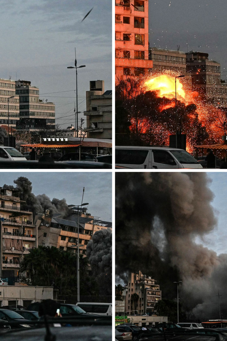 A fireball rises from the site of an Israeli airstrike that targeted a building in Beirut's Bashoura neighborhood early Wednesday.