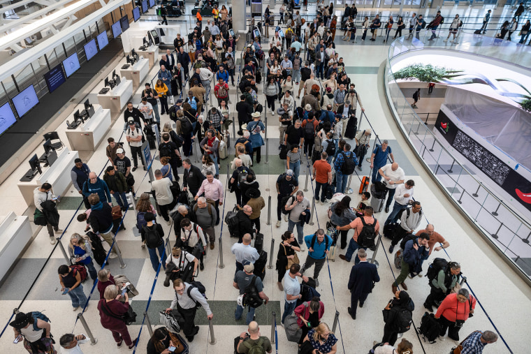 Long lines of passengers at an airport, seen from above.