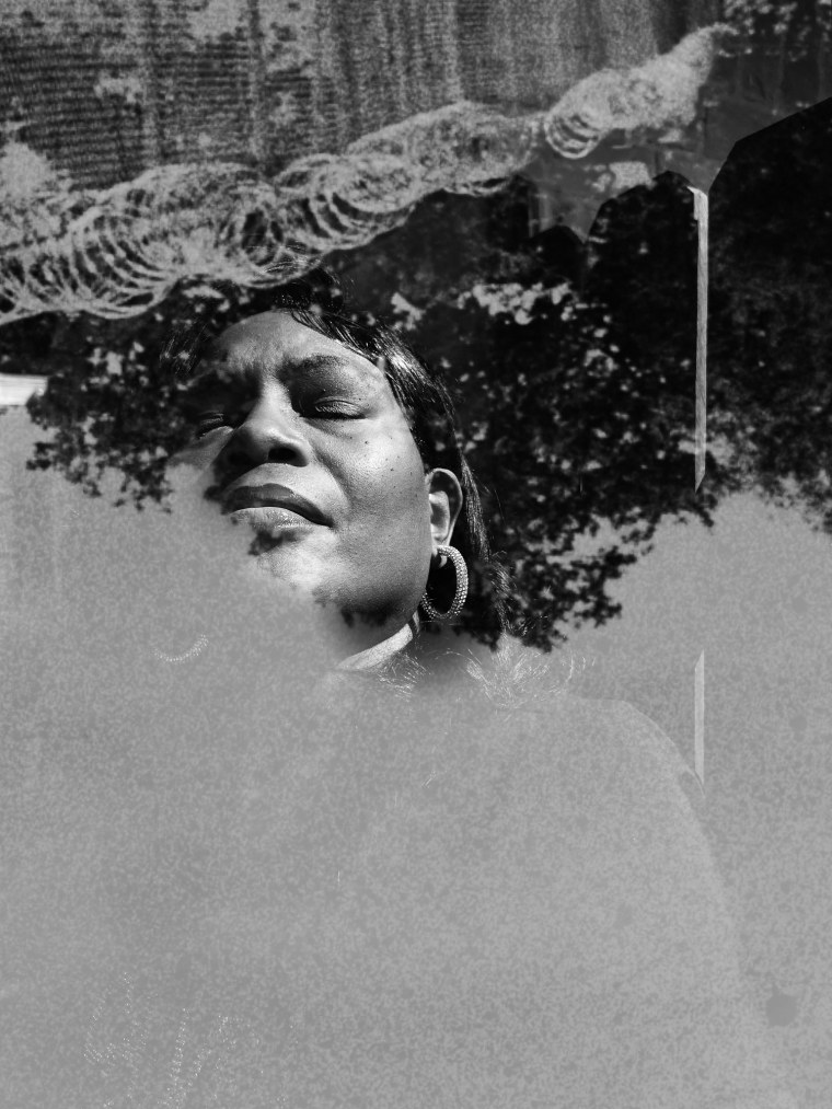 A black and white photo collage shows a photo of a Black woman with hoop earrings and medium-length hair with her eyes closed, standing in front of a fence. Above her, in what looks like a double exposure effect, a photo of barbed wire fencing and trees is visible.