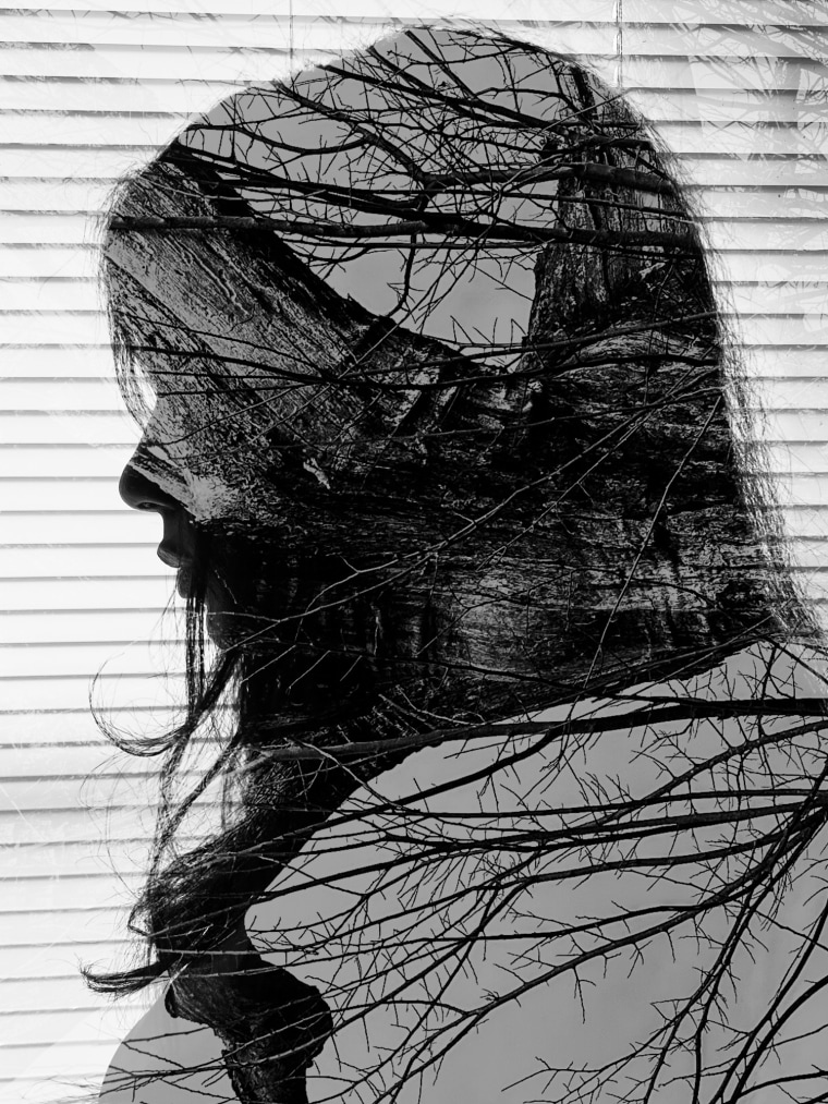 A photo collage of a side profile silouhette of a woman, overlaid with images of trees.