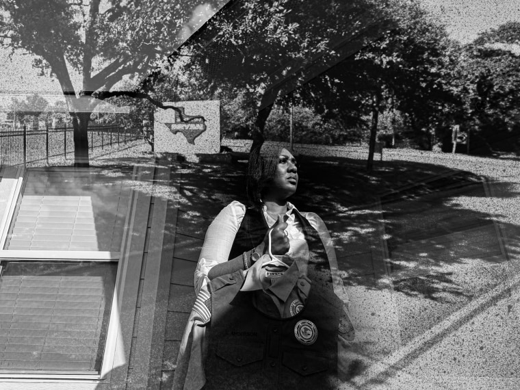 A black and white photo collage shows a photo of a Black woman wearing a white long-sleeved shirt and a black vest holding a uniform, standing in front of a building. In what looks like a double exposure effect, a photo of trees and fencing is visible, as well as an image of the outline of a map of Texas, witht the word “Bryan” in the center.