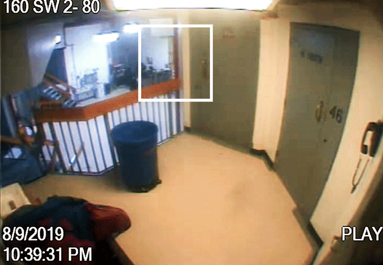 An orange blur is seen moving up the stairs in the background of a surveillance video recording in the hours before Epstein was found unresponsive in his cell.