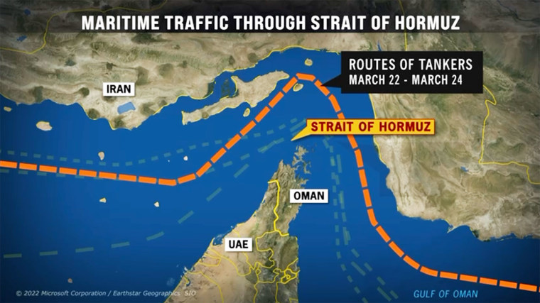 Maritime traffic routes through the Strait of Hormuz between March 22-24, 2026.