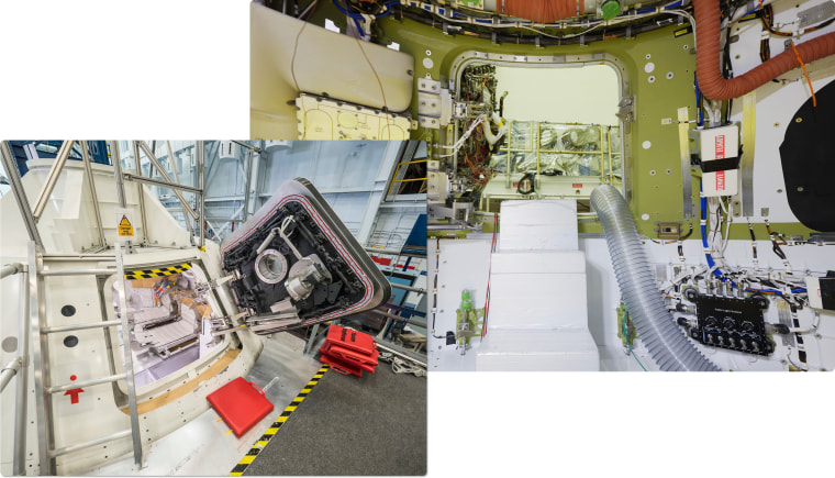 Left: The interior of a mock-up of the Orion capsule at the Johnson Space Center in Houston in 2016. Right: The interior of Orion in 2024.