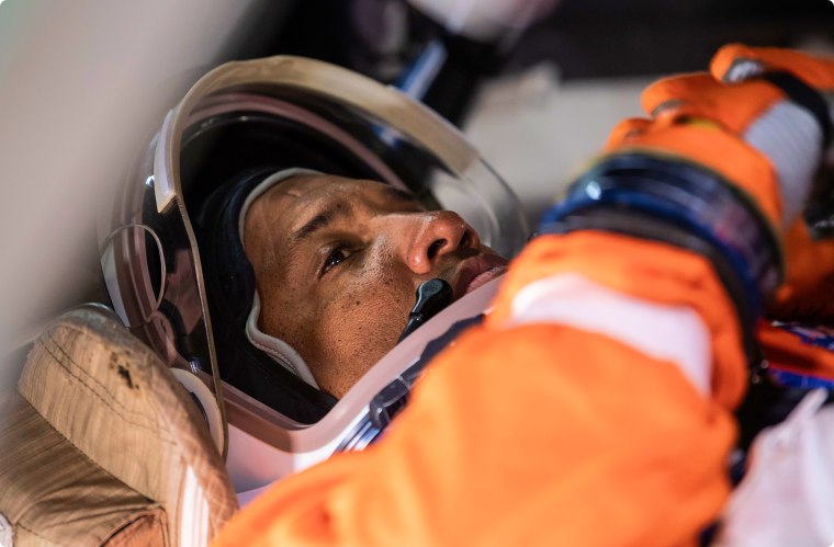 Victor Glover inside a mock-up of the Orion spacecraft during training in Houston on Jan. 30, 2025.