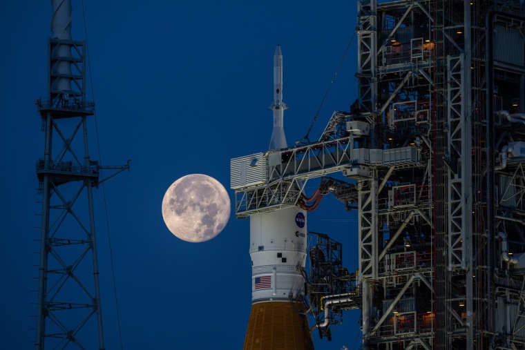 The Space Launch System and Orion spacecraft on the launchpad ahead of the uncrewed Artemis I mission around the moon in 2022.