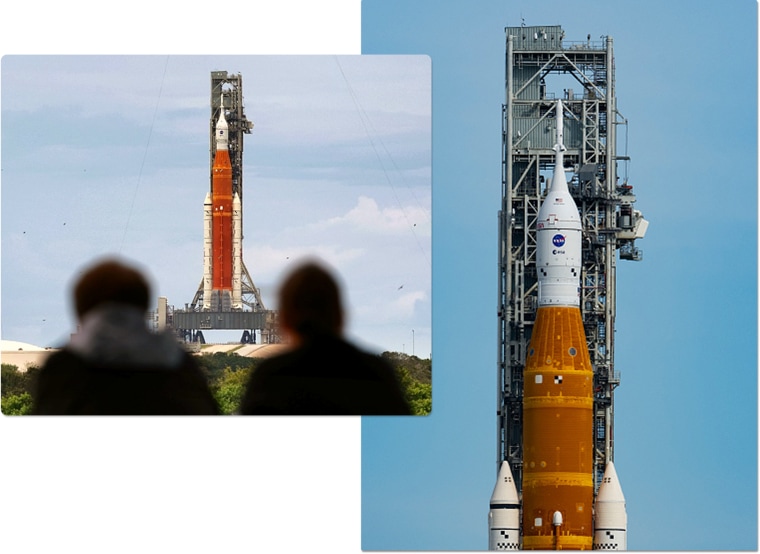 Visitors to the Kennedy Space Center on Aug. 28, 2022, ahead of the Artemis I mission.