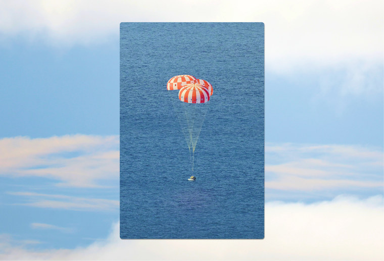 The Orion capsule splashes down off the coast of San Diego at the end of the Artemis I mission on Dec. 11, 2022.