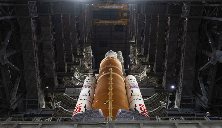 NASA’s Space Launch System rocket and Orion spacecraft inside the Vehicle Assembly Building on Jan. 16.