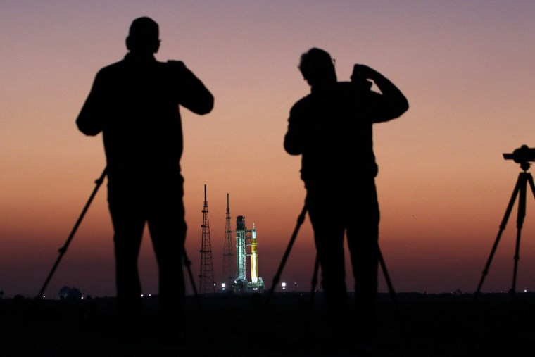 NASA's Space Launch System rocket and Orion spacecraft at Launch Pad 39B at the Kennedy Space Center in Cape Canaveral, Fla., on March 24.