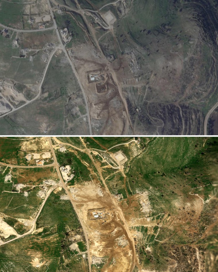 Satellite imagery of an Israeli military base near Markaba, Lebanon, on Feb 20, above, and March 18, below.