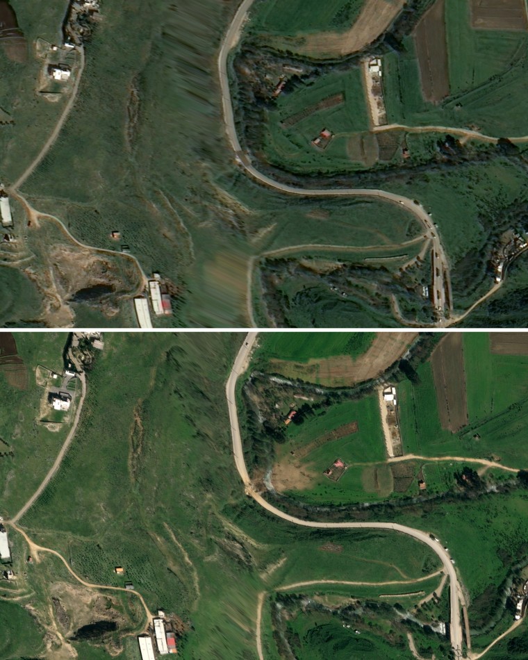 Satellite imagery of Khardali Bridge (Road) on March 13, above, and on March 17, below, clearly damaged. At least seven bridges over the Litani River appear to have been struck by Israeli forces over the past month.