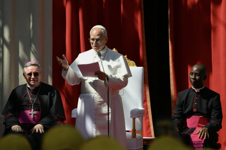 Pope Leo XIV speaks in front of the Church of Sainte-Devote in Monte Carlo, Monaco, on March 28.
