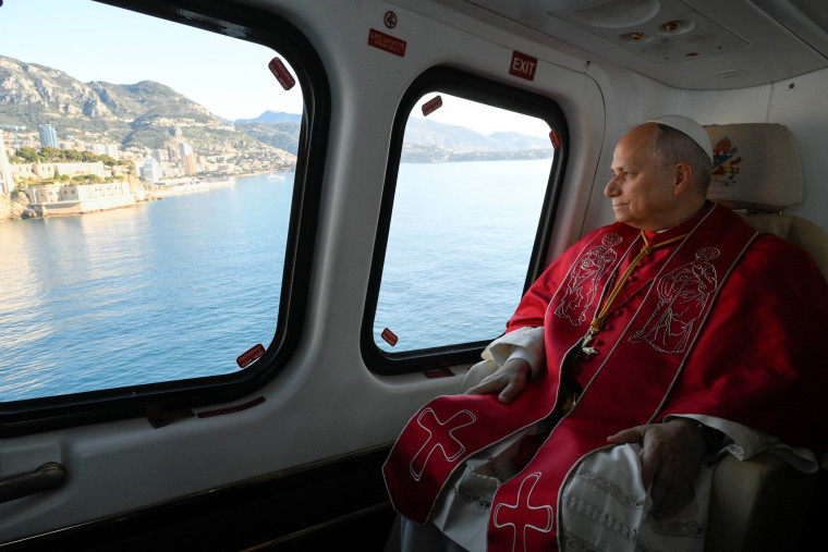Pope Leo XIV aboard his helicopter flying past the coastline of Monaco before his arrival in Monte Carlo on March 28.