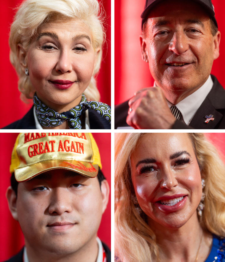 CPAC attendees, clockwise from top left, Shiva Mazloom, Mark Lynch, Shanna Frerichs and Christopher Oh in Grapevine, Texas, on Friday.